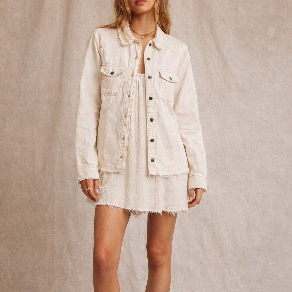 Free People Embroidered Denim Shacket Shirt Jacket Ecru Cream Size XS to S